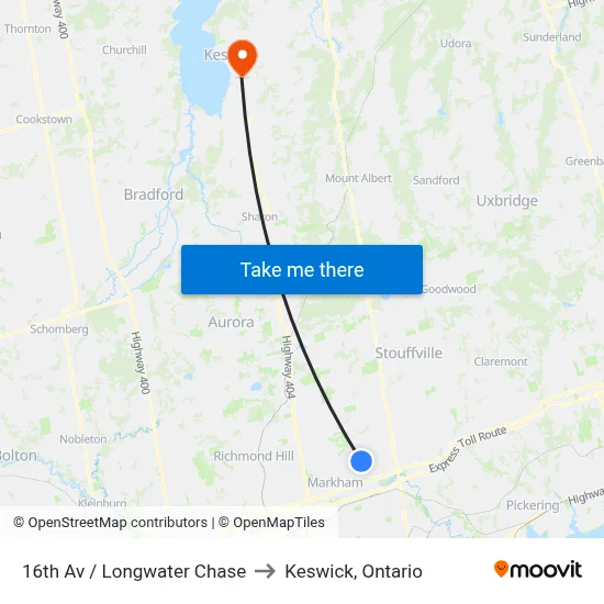 16th Av / Longwater Chase to Keswick, Ontario map