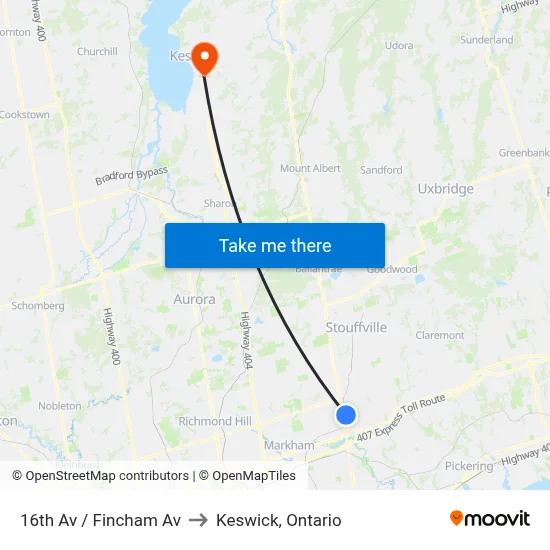 16th Av / Fincham Av to Keswick, Ontario map