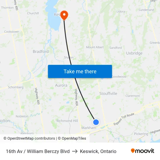 16th Av / William Berczy Blvd to Keswick, Ontario map
