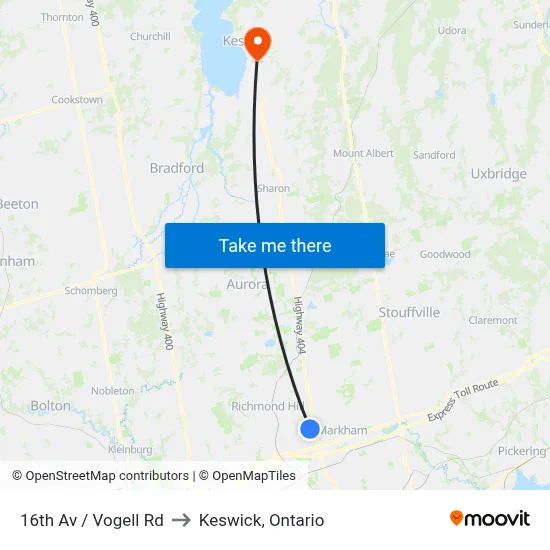 16th Av / Vogell Rd to Keswick, Ontario map