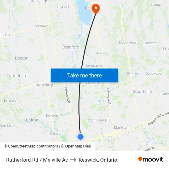 Rutherford Rd / Melville Av to Keswick, Ontario map