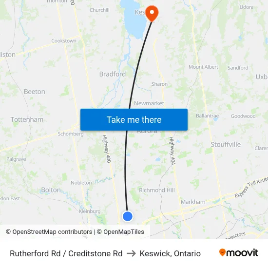 Rutherford Rd / Creditstone Rd to Keswick, Ontario map