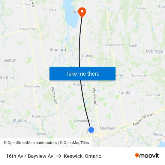 16th Av / Bayview Av to Keswick, Ontario map