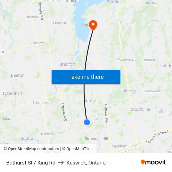 Bathurst St / King Rd to Keswick, Ontario map