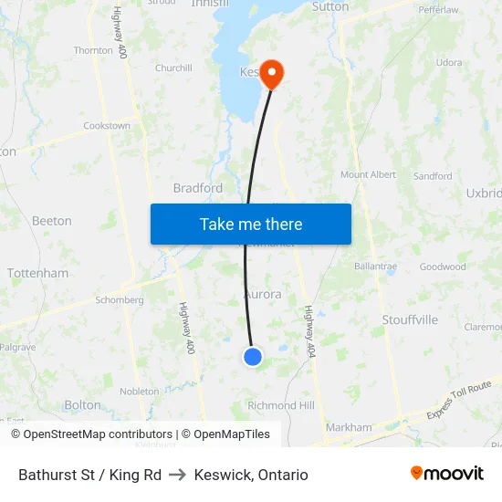 Bathurst St / King Rd to Keswick, Ontario map