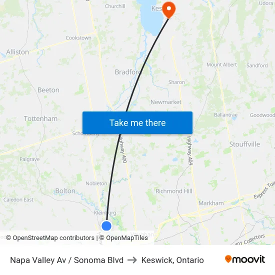 Napa Valley Av / Sonoma Blvd to Keswick, Ontario map