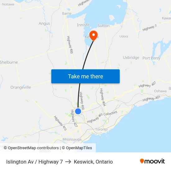 Islington Av / Highway 7 to Keswick, Ontario map