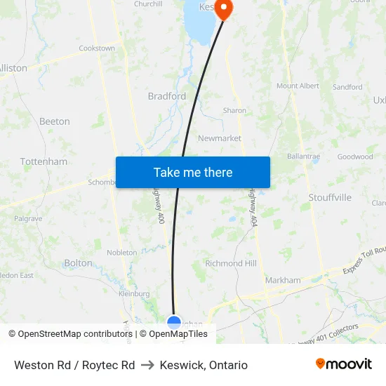 Weston Rd / Roytec Rd to Keswick, Ontario map