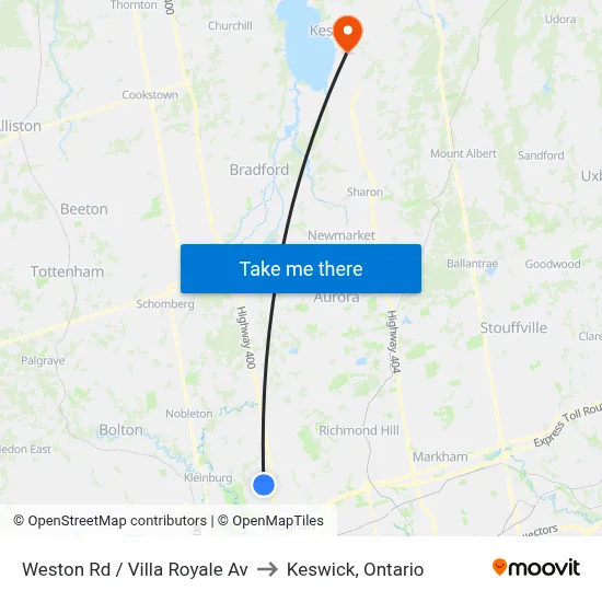 Weston Rd / Villa Royale Av to Keswick, Ontario map