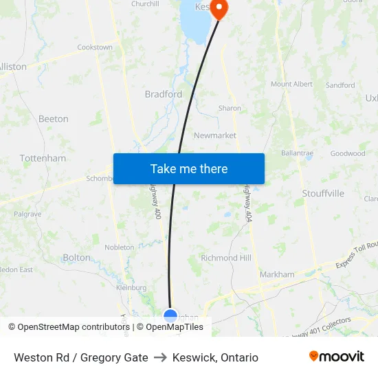 Weston Rd / Gregory Gate to Keswick, Ontario map