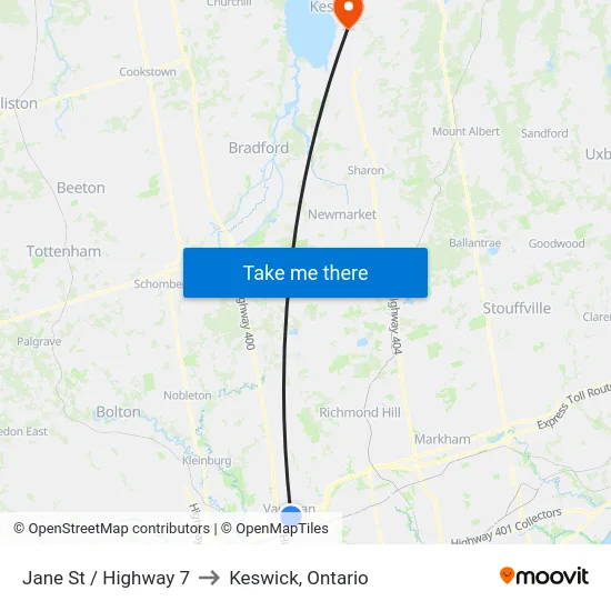 Jane St / Highway 7 to Keswick, Ontario map
