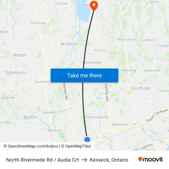 North Rivermede Rd / Audia Crt to Keswick, Ontario map