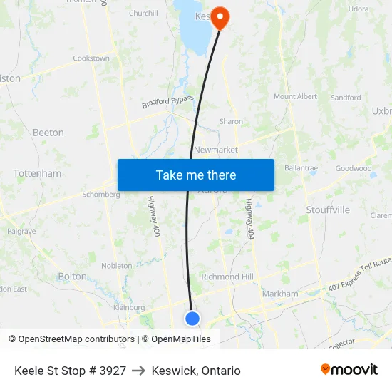 Keele St Stop # 3927 to Keswick, Ontario map