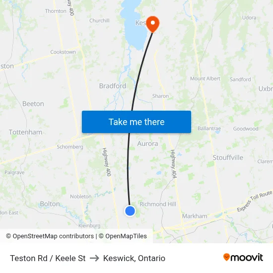 Teston Rd / Keele St to Keswick, Ontario map