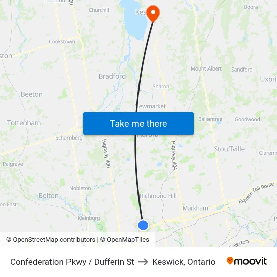 Confederation Pkwy / Dufferin St to Keswick, Ontario map