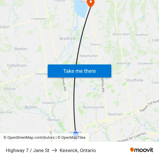 Highway 7 / Jane St to Keswick, Ontario map