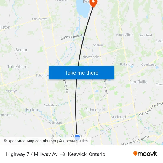 Highway 7 / Millway Av to Keswick, Ontario map