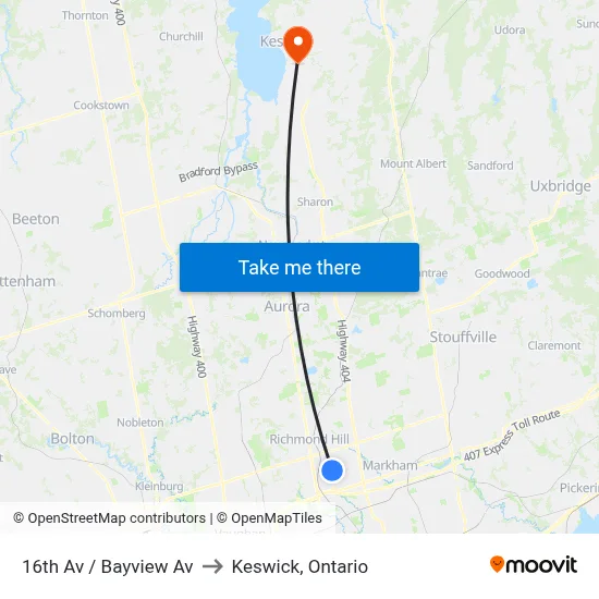 16th Av / Bayview Av to Keswick, Ontario map