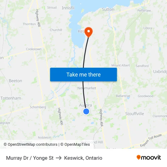 Murray Dr / Yonge St to Keswick, Ontario map