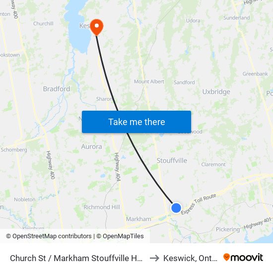 Church St / Markham Stouffville Hospital to Keswick, Ontario map