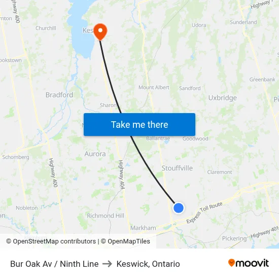 Bur Oak Av / Ninth Line to Keswick, Ontario map