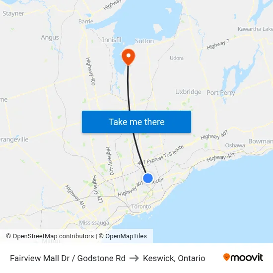 Fairview Mall Dr / Godstone Rd to Keswick, Ontario map