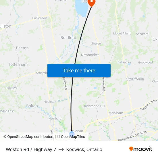 Weston Rd / Highway 7 to Keswick, Ontario map