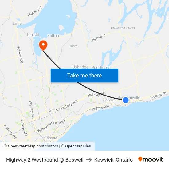 Highway 2 Westbound @ Boswell to Keswick, Ontario map