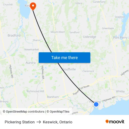 Pickering Station to Keswick, Ontario map