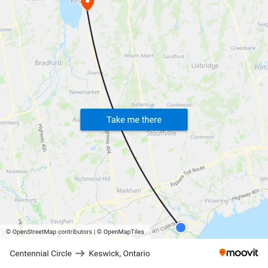 Centennial Circle to Keswick, Ontario map
