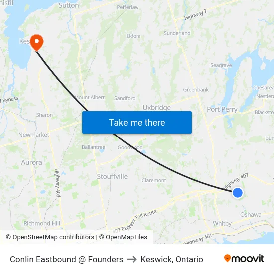 Conlin Eastbound @ Founders to Keswick, Ontario map