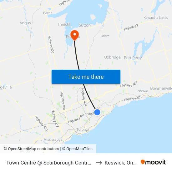 Town Centre @ Scarborough Centre Station to Keswick, Ontario map