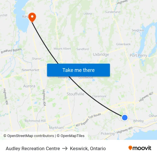 Audley Recreation Centre to Keswick, Ontario map