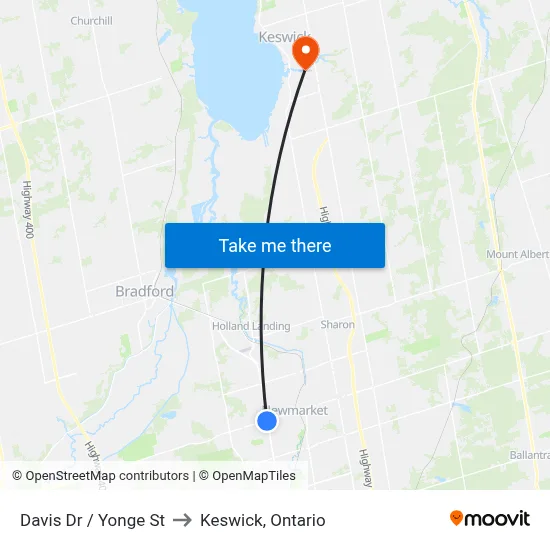 Davis Dr / Yonge St to Keswick, Ontario map