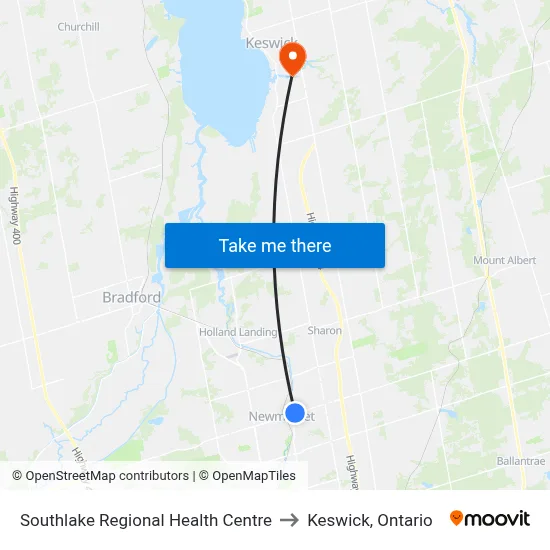 Southlake Regional Health Centre to Keswick, Ontario map