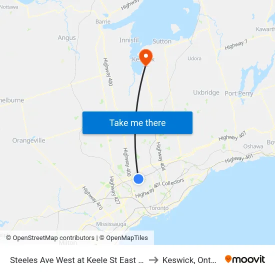 Steeles Ave West at Keele St East Side to Keswick, Ontario map