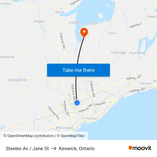 Steeles Av / Jane St to Keswick, Ontario map
