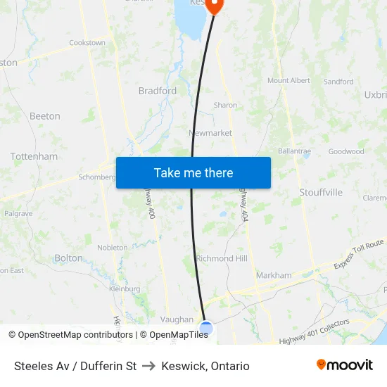 Steeles Av / Dufferin St to Keswick, Ontario map