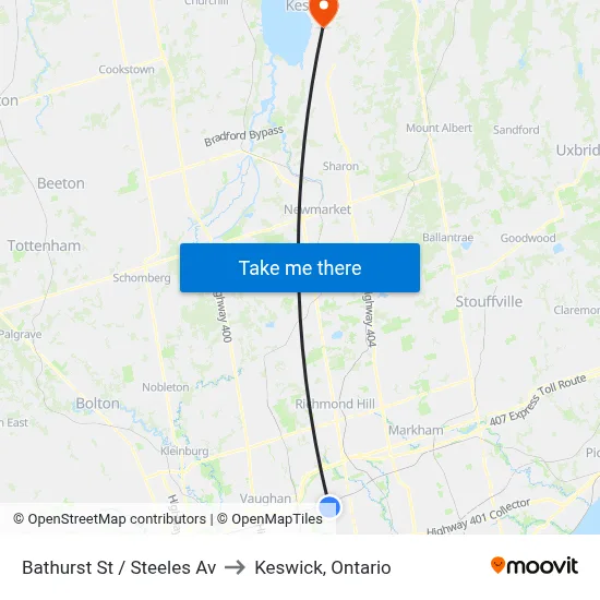 Bathurst St / Steeles Av to Keswick, Ontario map