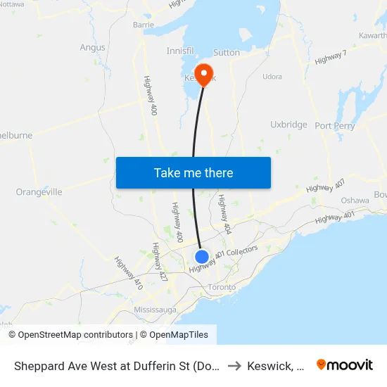 Sheppard Ave West at Dufferin St (Downsview Station) to Keswick, Ontario map