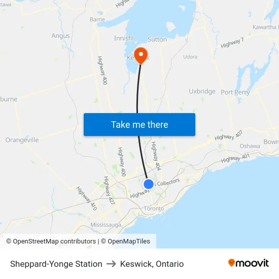 Sheppard-Yonge Station to Keswick, Ontario map