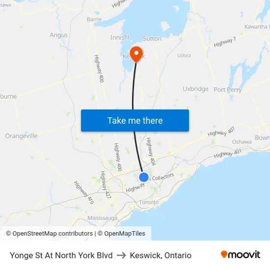 Yonge St At North York Blvd to Keswick, Ontario map