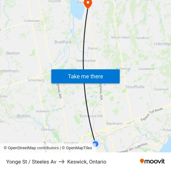 Yonge St / Steeles Av to Keswick, Ontario map