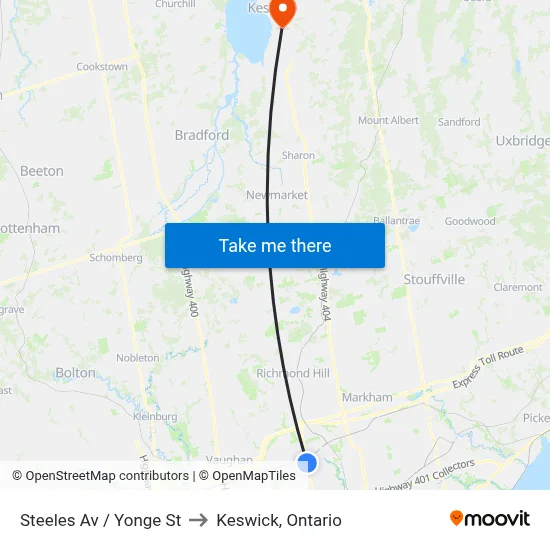 Steeles Av / Yonge St to Keswick, Ontario map