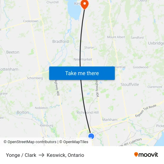 Yonge / Clark to Keswick, Ontario map