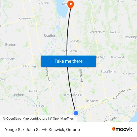 Yonge St / John St to Keswick, Ontario map