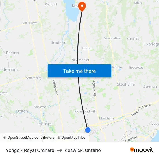 Yonge / Royal Orchard to Keswick, Ontario map