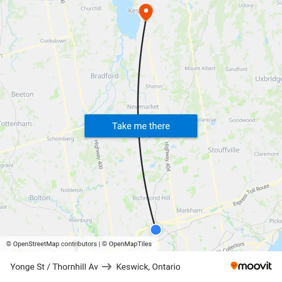 Yonge St / Thornhill Av to Keswick, Ontario map