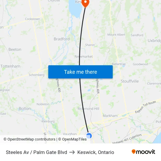Steeles Av / Palm Gate Blvd to Keswick, Ontario map