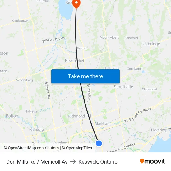 Don Mills Rd / Mcnicoll Av to Keswick, Ontario map